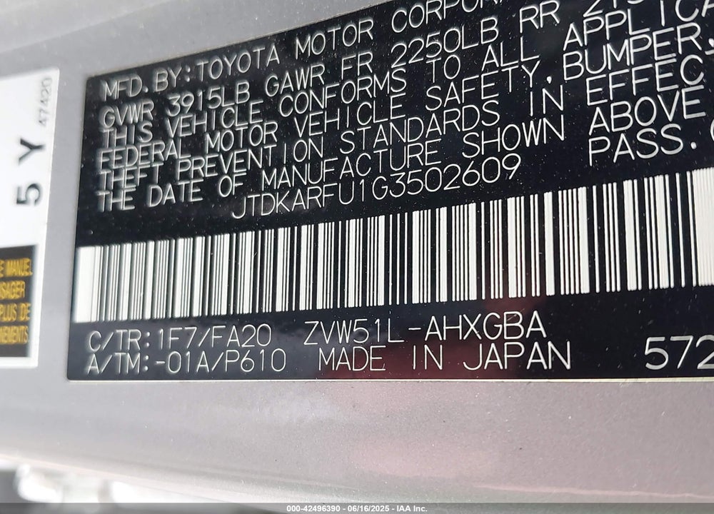 2016 TOYOTA PRIUS THREE VIN: JTDKARFU1G3502609