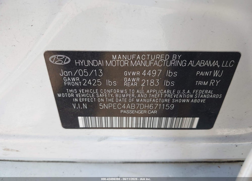 2013 HYUNDAI SONATA LIMITED 2.0T VIN: 5NPEC4AB7DH671159