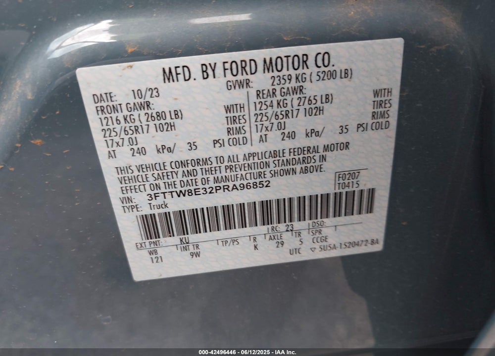2023 FORD MAVERICK VIN: 3FTTW8E32PRA96852