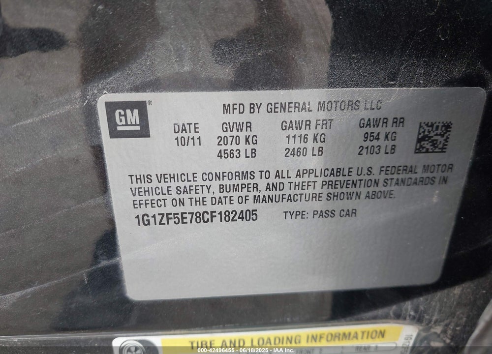 2012 CHEVROLET MALIBU 3LT VIN: 1G1ZF5E78CF182405