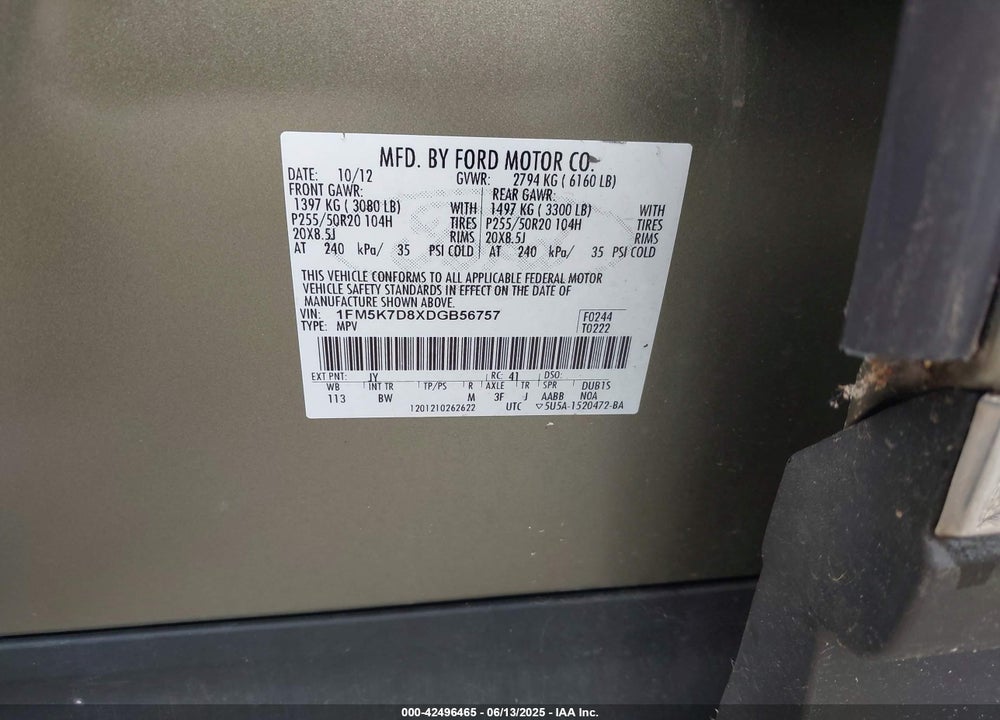 2013 FORD EXPLORER XLT VIN: 1FM5K7D8XDGB56757