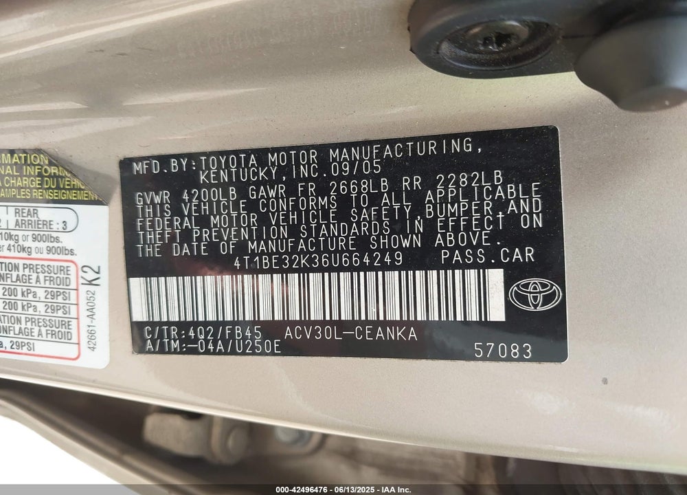 2006 TOYOTA CAMRY LE VIN: 4T1BE32K36U664249