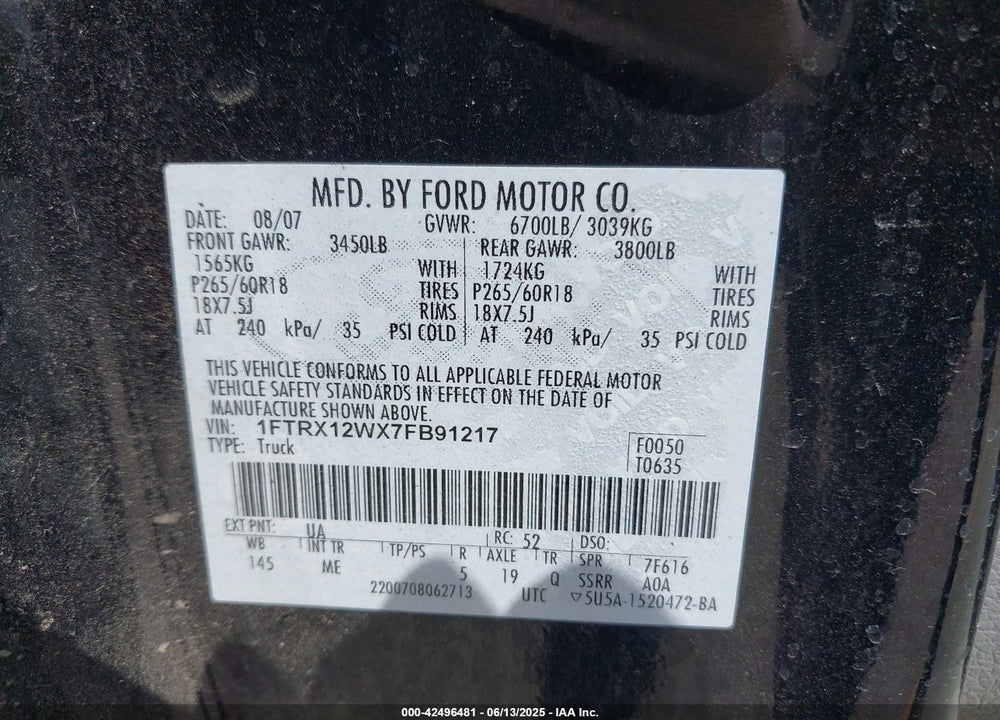 2007 FORD F-150 STX/XL/XLT VIN: 1FTRX12WX7FB91217