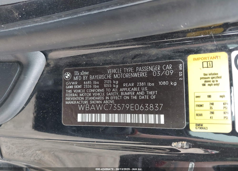 2009 BMW 335I VIN: WBAWC73579E063837