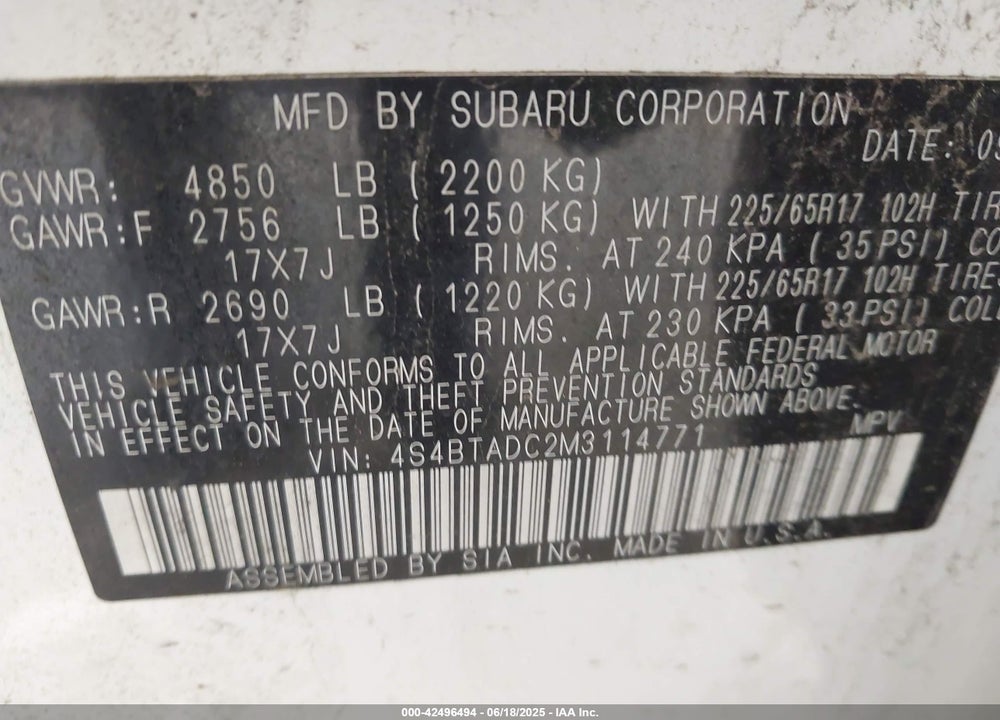 2021 SUBARU OUTBACK PREMIUM VIN: 4S4BTADC2M3114771