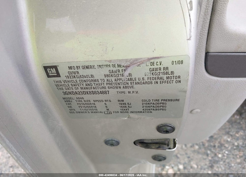 2008 CHEVROLET HHR VIN: 3GNDA23DX8S634887