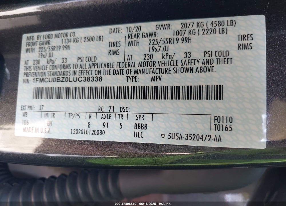 2020 FORD ESCAPE SE SPORT HYBRID VIN: 1FMCU0BZ0LUC38338