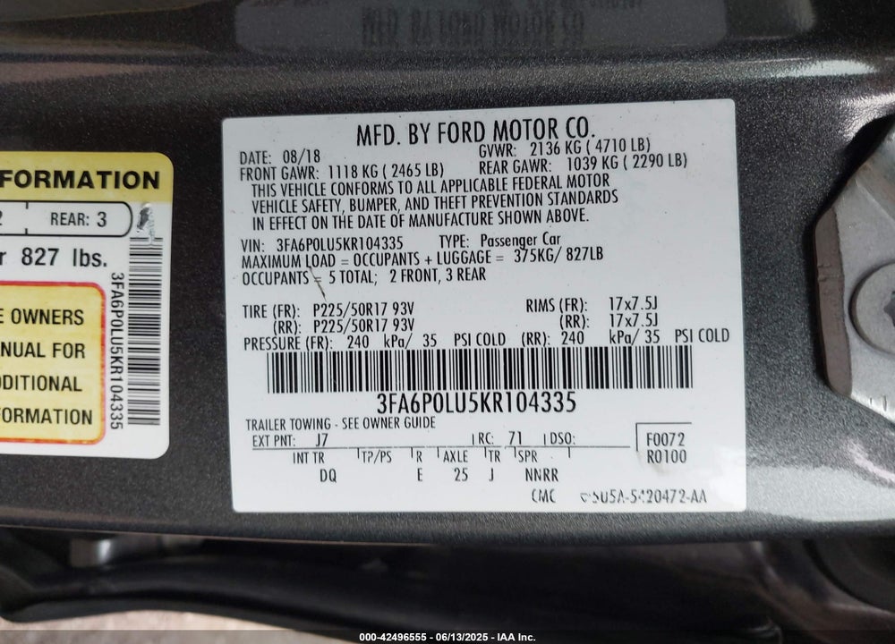 2019 FORD FUSION HYBRID VIN: 3FA6P0LU5KR104335