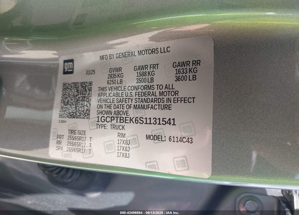 2025 CHEVROLET COLORADO VIN: 1GCPTBEK6S1131541