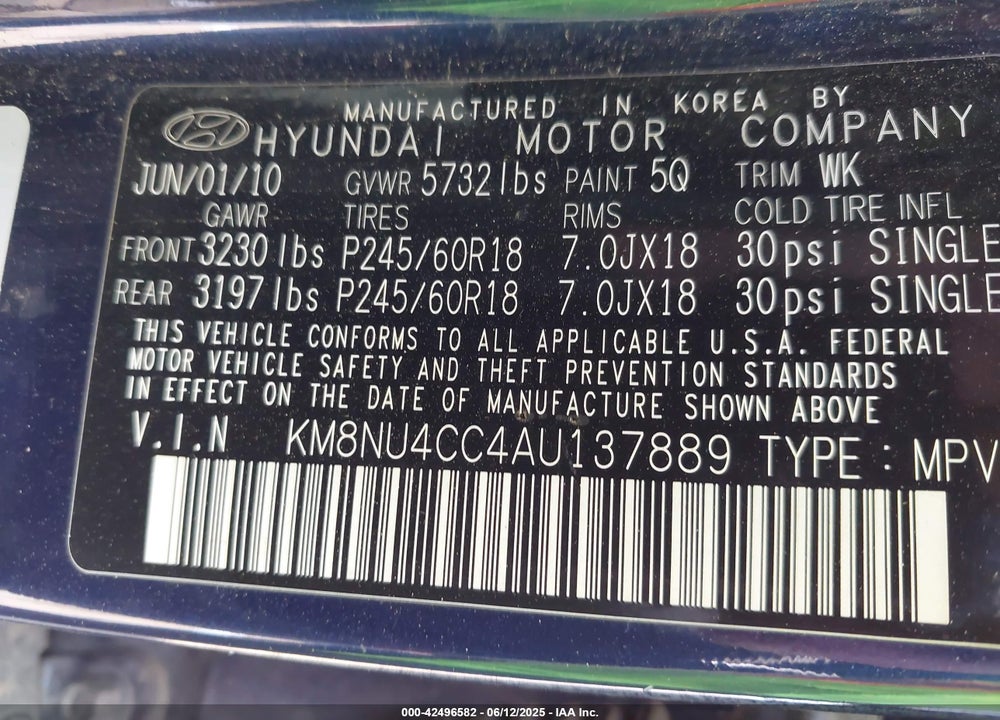 2010 HYUNDAI VERACRUZ LIMITED VIN: KM8NU4CC4AU137889