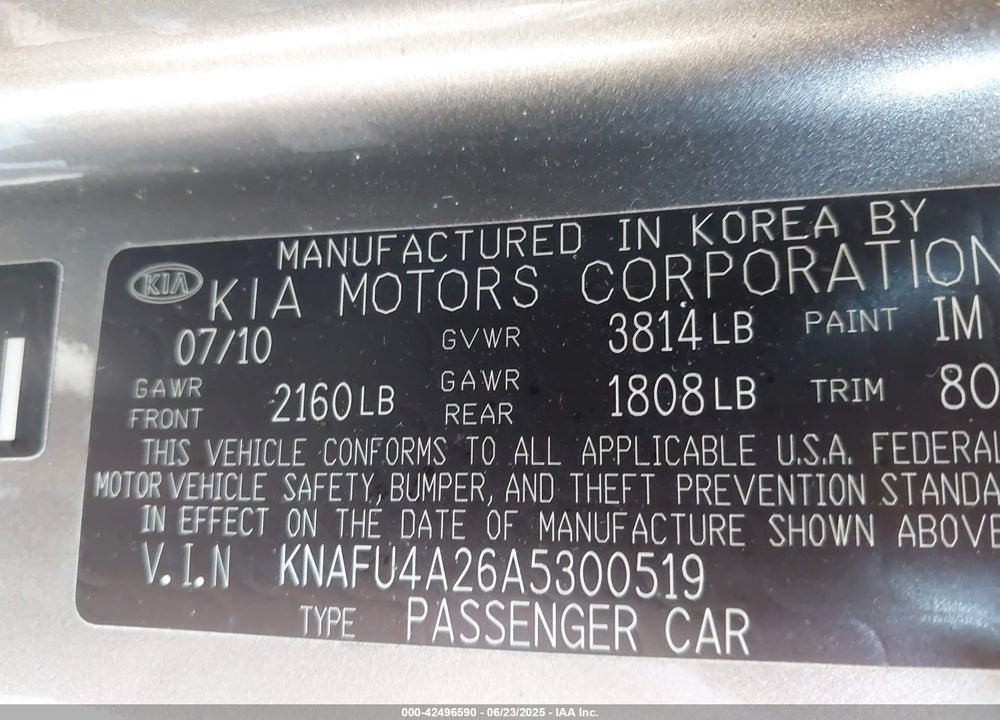 2010 KIA FORTE VIN: KNAFU4A26A5300519