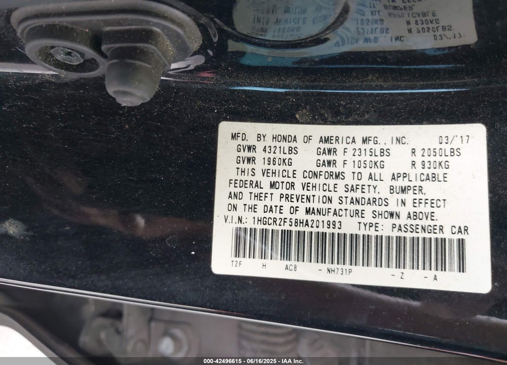 2017 HONDA ACCORD VIN: 1HGCR2F58HA201993