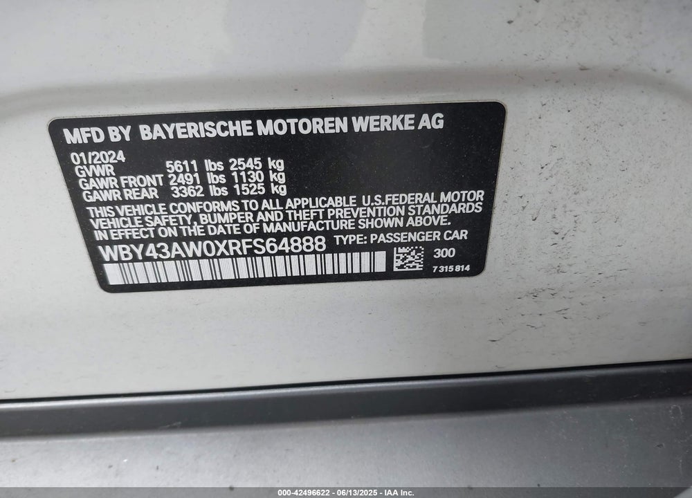 2024 BMW I4 VIN: WBY43AW0XRFS64888