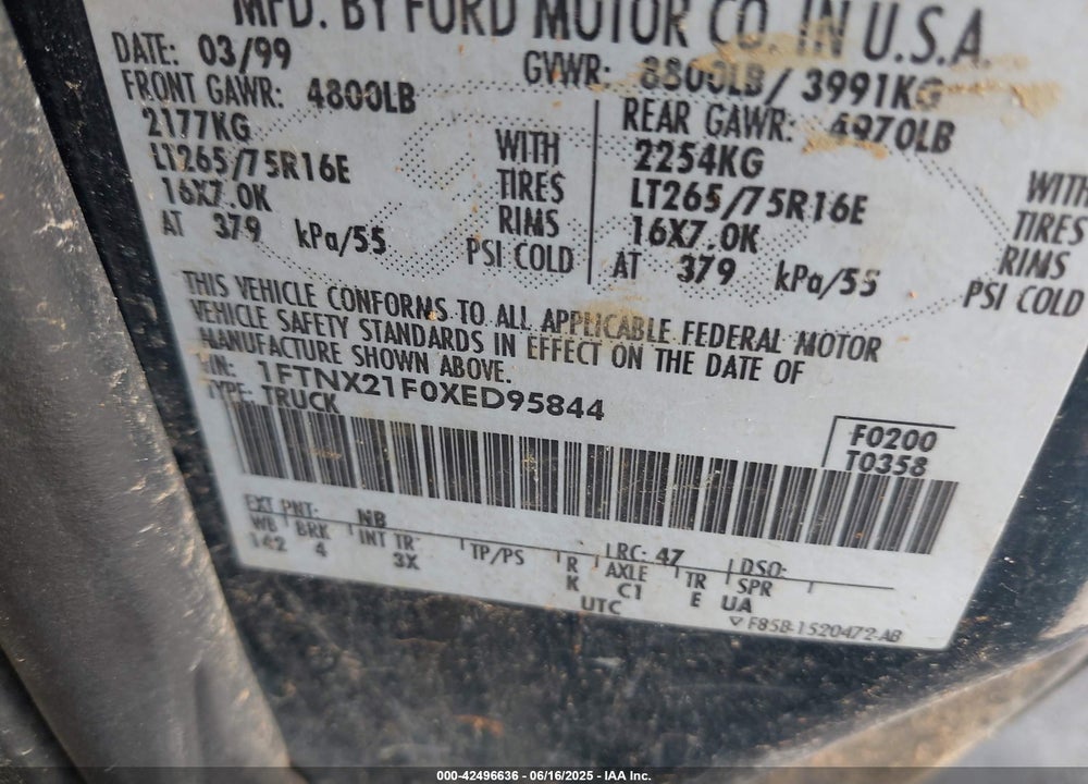 1999 FORD F-250 LARIAT/XL/XLT VIN: 1FTNX21F0XED95844