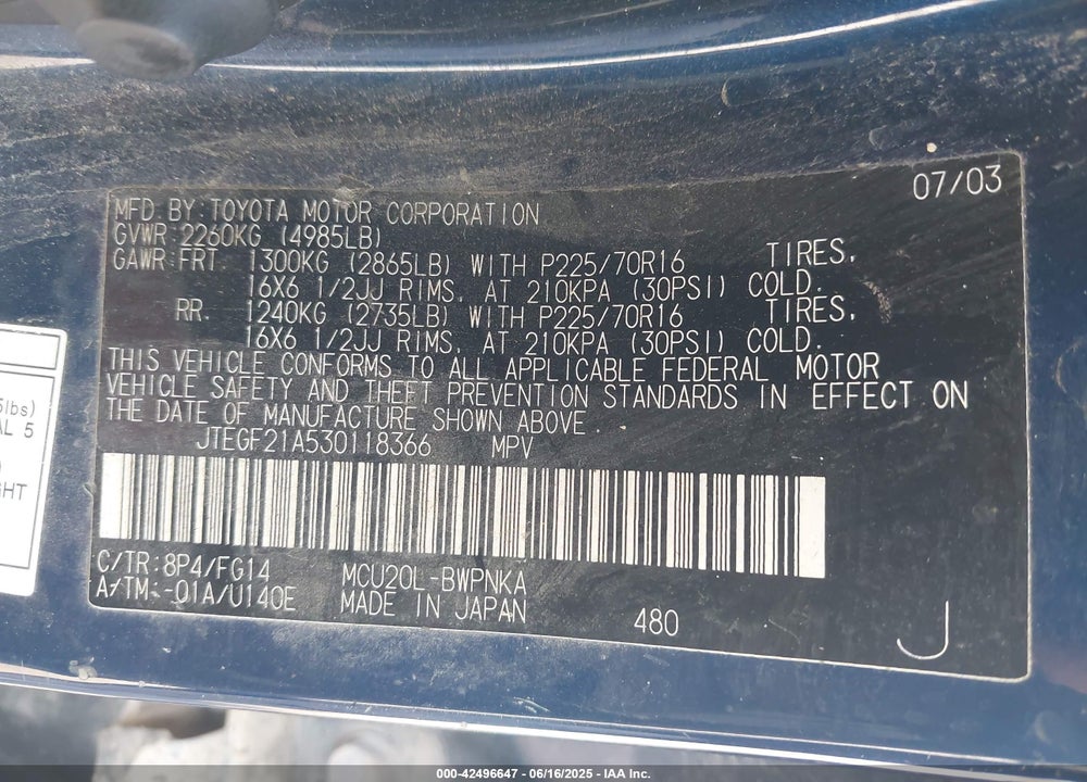 2003 TOYOTA HIGHLANDER V6 VIN: JTEGF21A530118366