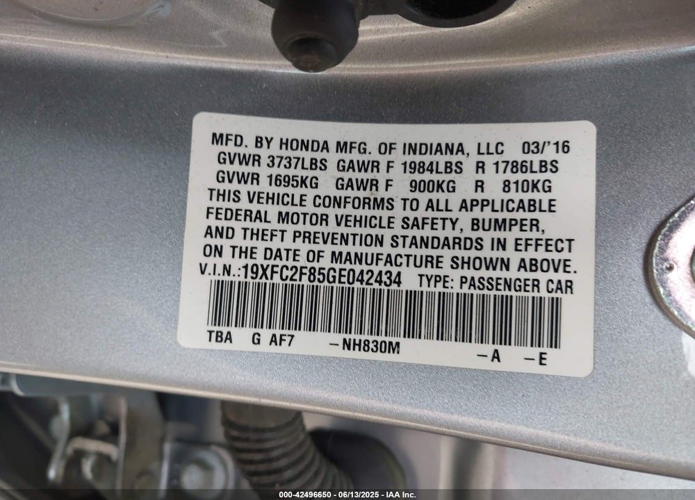 2016 HONDA CIVIC EX VIN: 19XFC2F85GE042434