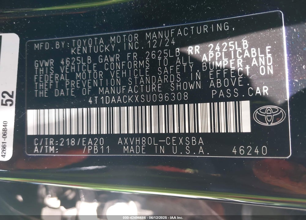2025 TOYOTA CAMRY VIN: 4T1DAACKXSU096308