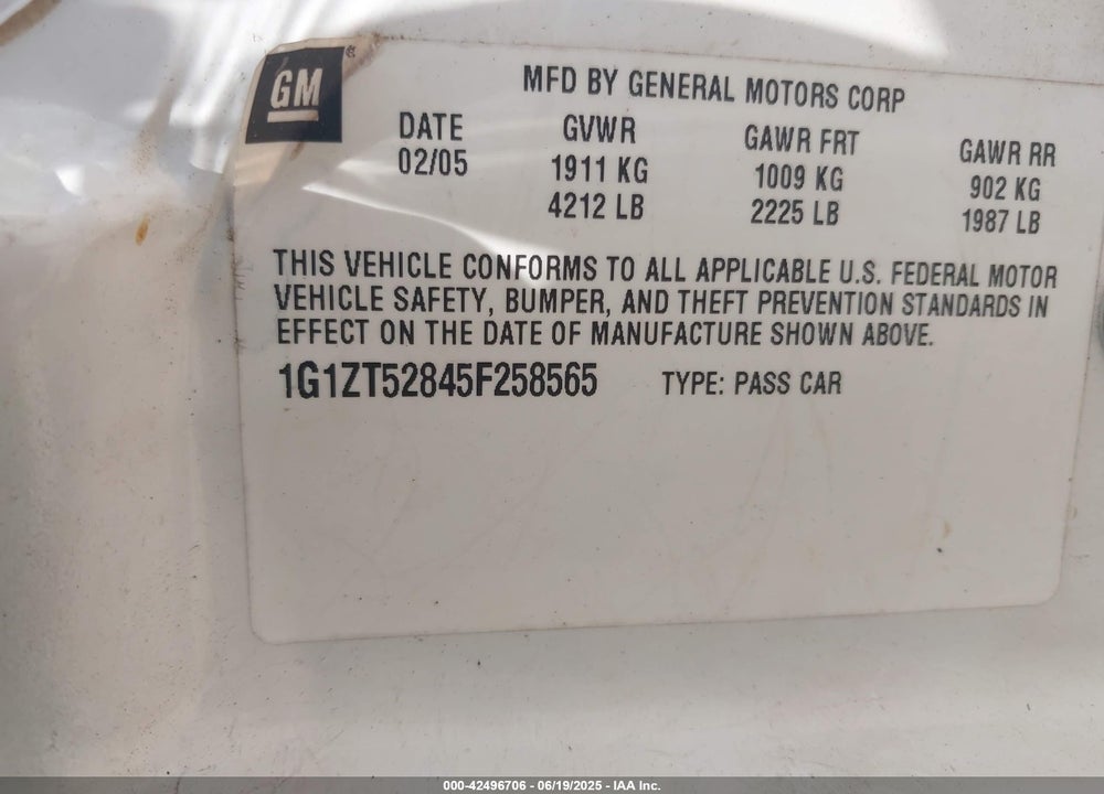 2005 CHEVROLET MALIBU LS VIN: 1G1ZT52845F258565