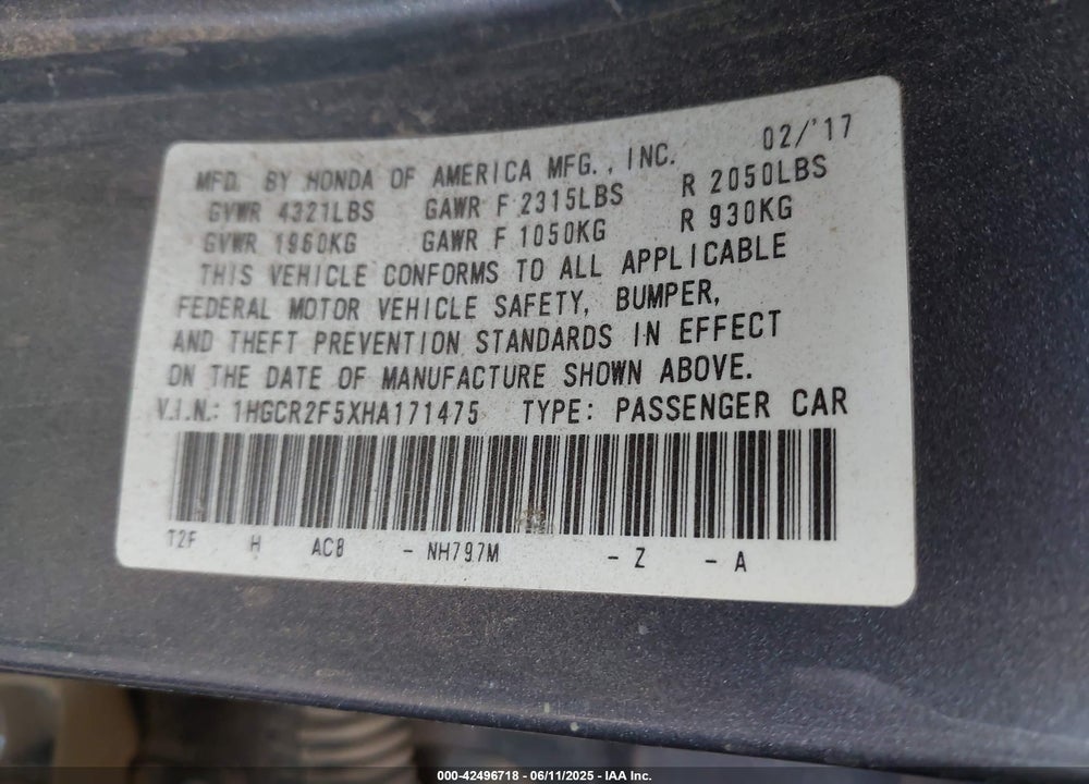 2017 HONDA ACCORD VIN: 1HGCR2F5XHA171475