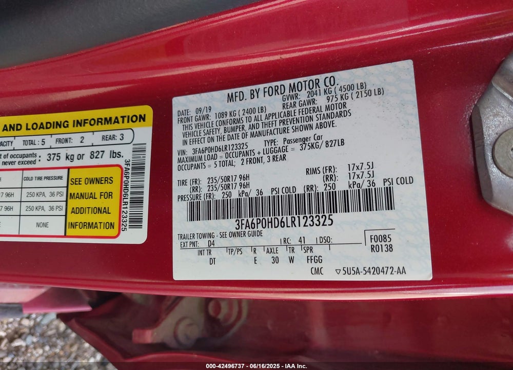 2020 FORD FUSION VIN: 3FA6P0HD6LR123325