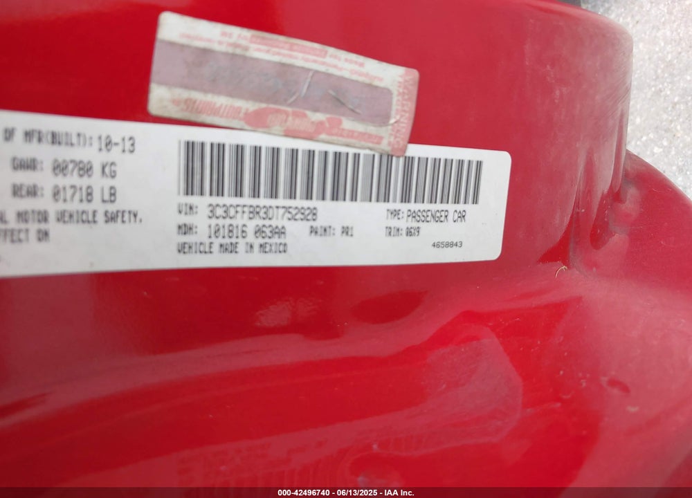 2013 FIAT 500 VIN: 3C3CFFBR3DT752928