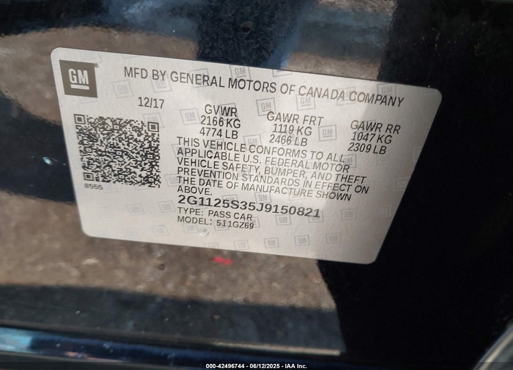 2018 CHEVROLET IMPALA VIN: 2G1125S35J9150821