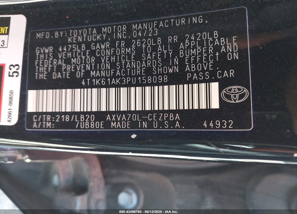 2023 TOYOTA CAMRY XSE VIN: 4T1K61AK3PU158098