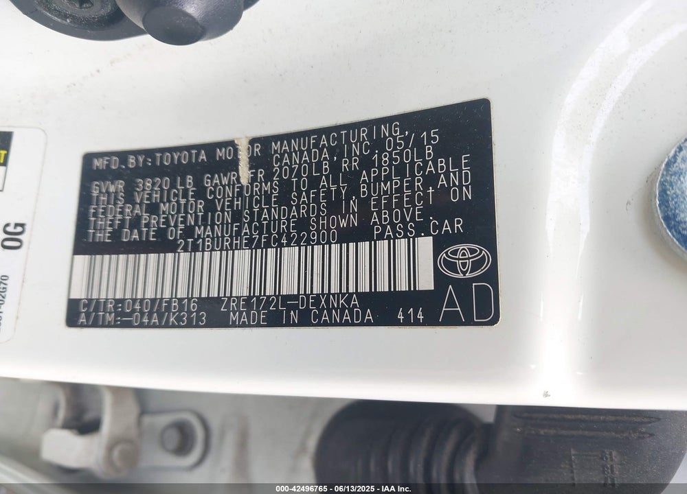 2015 TOYOTA COROLLA VIN: 2T1BURHE7FC422900