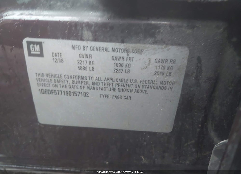 2009 CADILLAC CTS VIN: 1G6DF577190157102