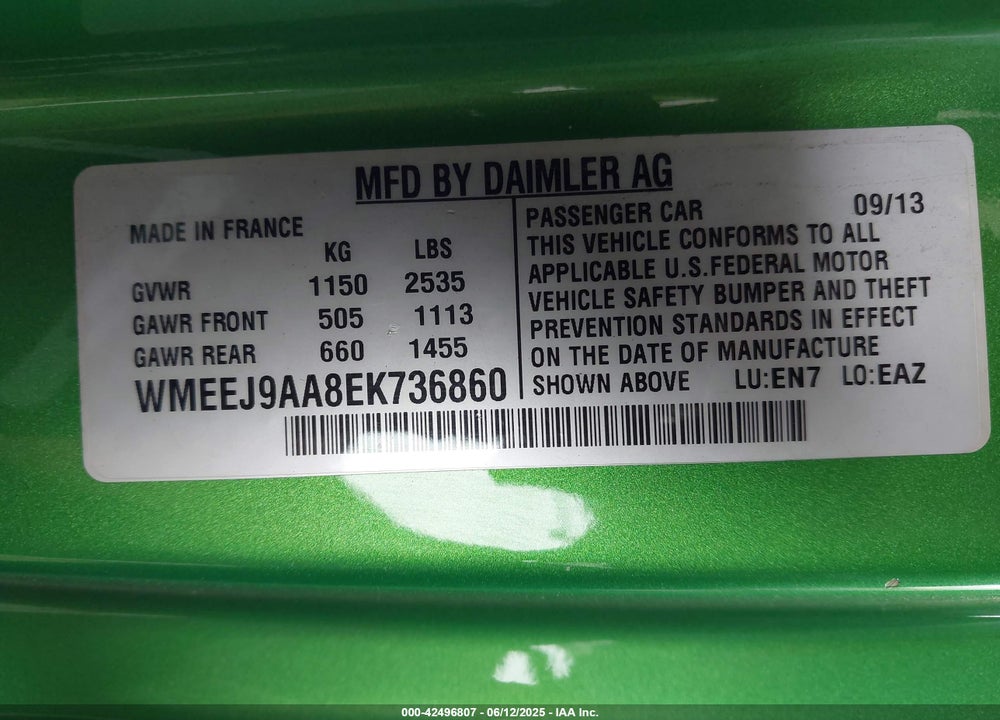 2014 SMART FORTWO ELECTRIC DRIVE PASSION VIN: WMEEJ9AA8EK736860