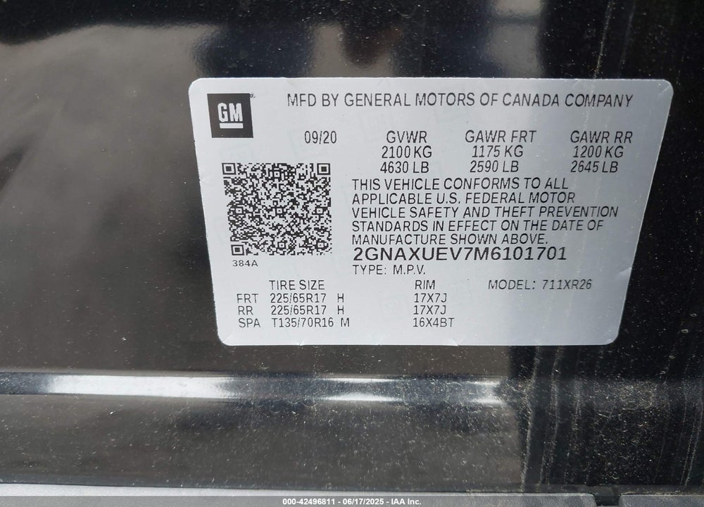 2021 CHEVROLET EQUINOX VIN: 2GNAXUEV7M6101701