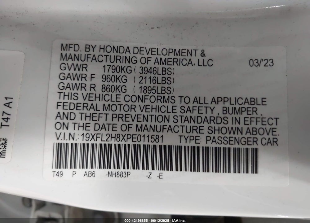 2023 HONDA CIVIC VIN: 19XFL2H8XPE011581