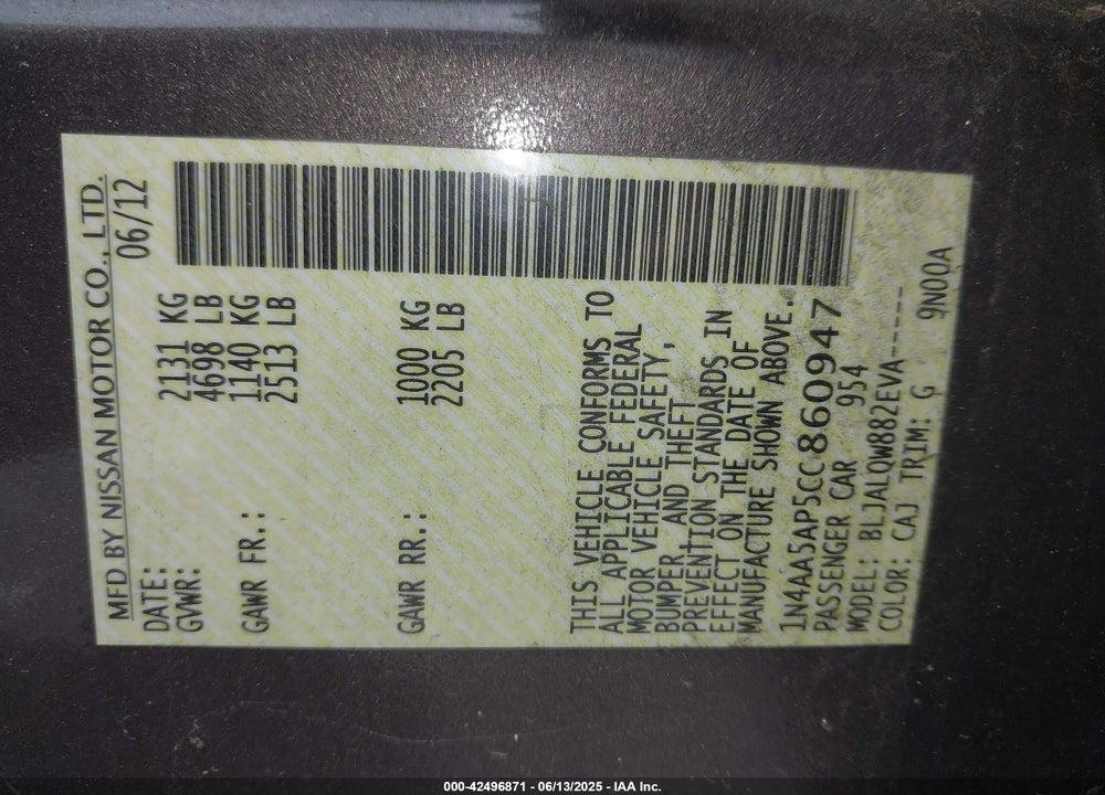 2012 NISSAN MAXIMA VIN: 1N4AA5AP5CC860947