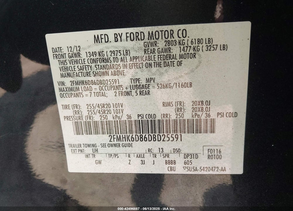 2013 FORD FLEX LIMITED VIN: 2FMHK6D86DBD25591
