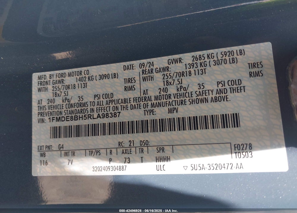 2024 FORD BRONCO OUTER BANKS VIN: 1FMDE8BH5RLA98387
