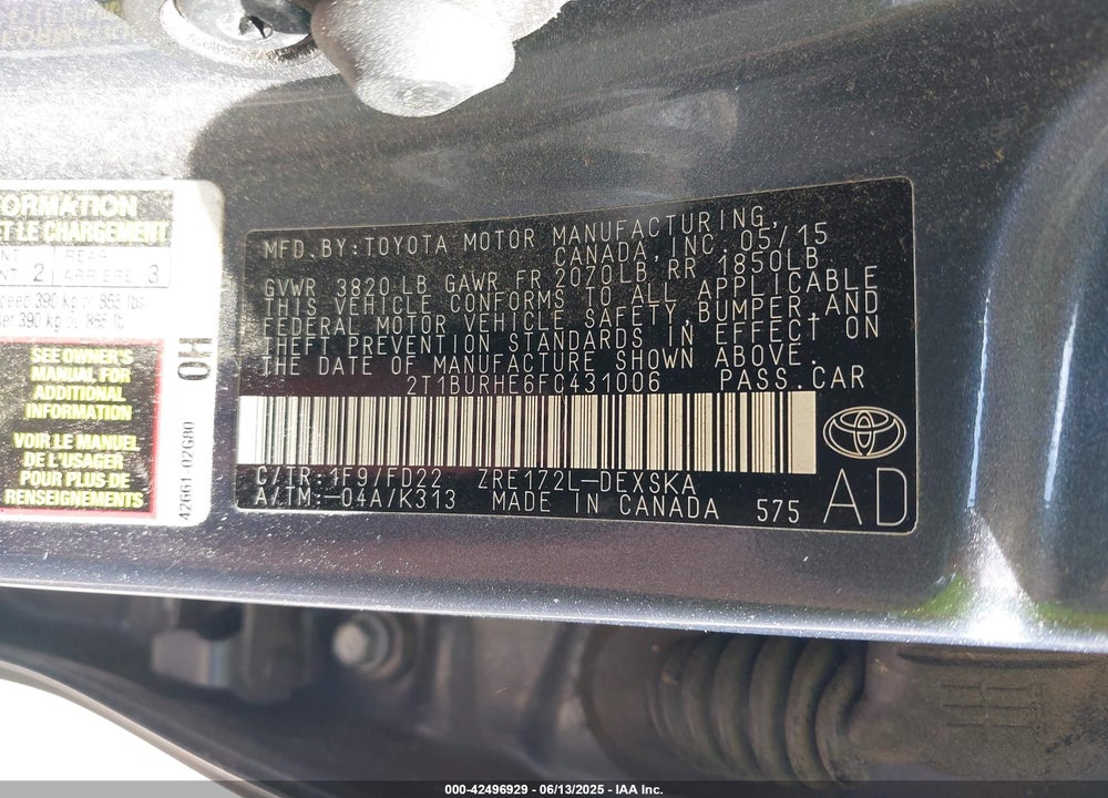 2015 TOYOTA COROLLA VIN: 2T1BURHE6FC431006