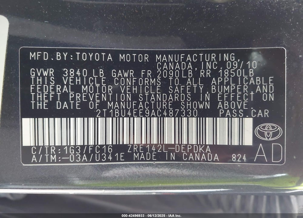 2010 TOYOTA COROLLA LE VIN: 2T1BU4EE9AC487330