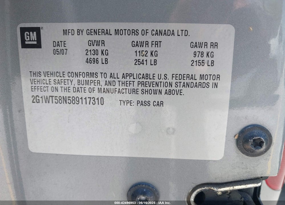 2008 CHEVROLET IMPALA VIN: 2G1WT58N589117310
