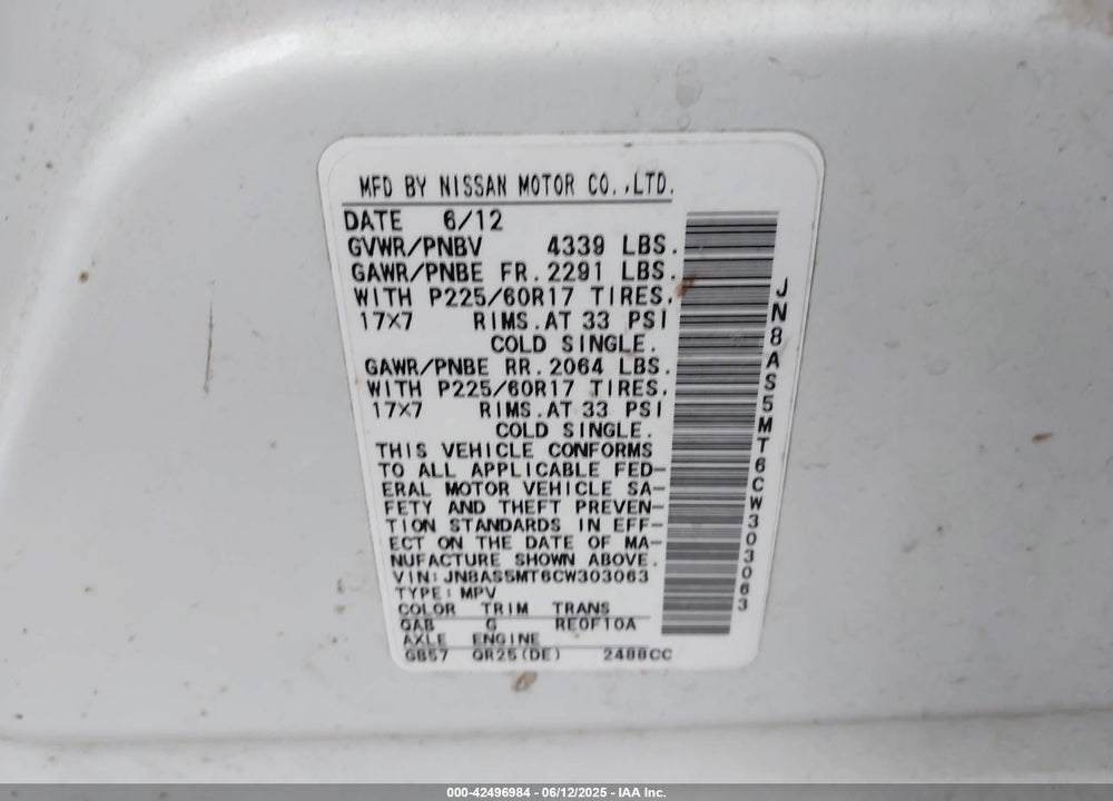 2012 NISSAN ROGUE SV VIN: JN8AS5MT6CW303063