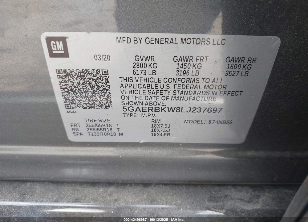 2020 BUICK ENCLAVE VIN: 5GAERBKW8LJ237697