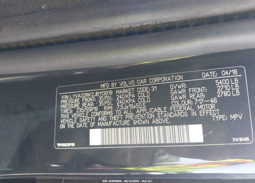 2018 VOLVO XC60 VIN: LYVA22RK2JB113919