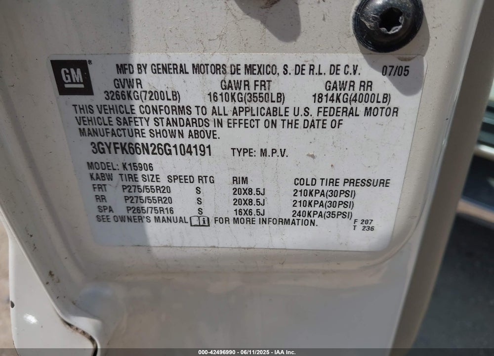 2006 CADILLAC ESCALADE ESV STANDARD VIN: 3GYFK66N26G104191
