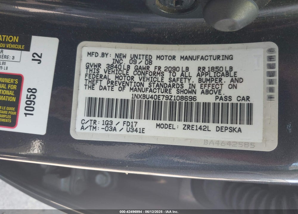 2009 TOYOTA COROLLA VIN: 1NXBU40E79Z108696