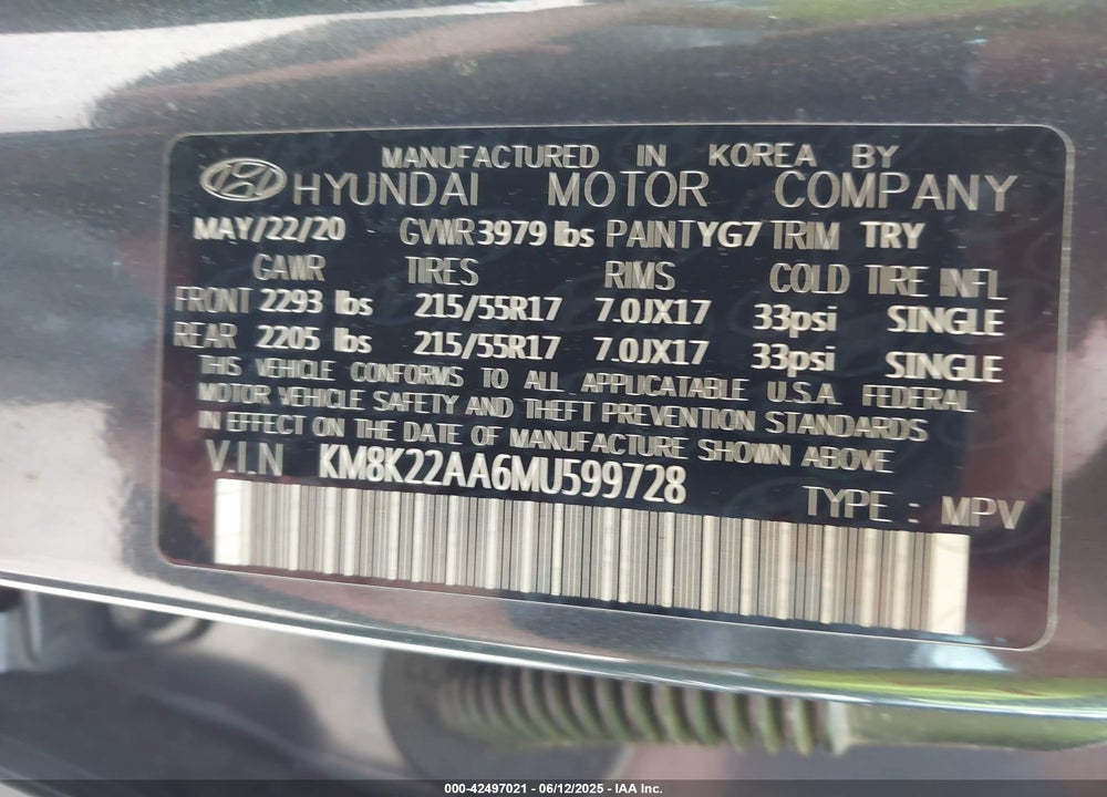 2021 HYUNDAI KONA SEL VIN: KM8K22AA6MU599728