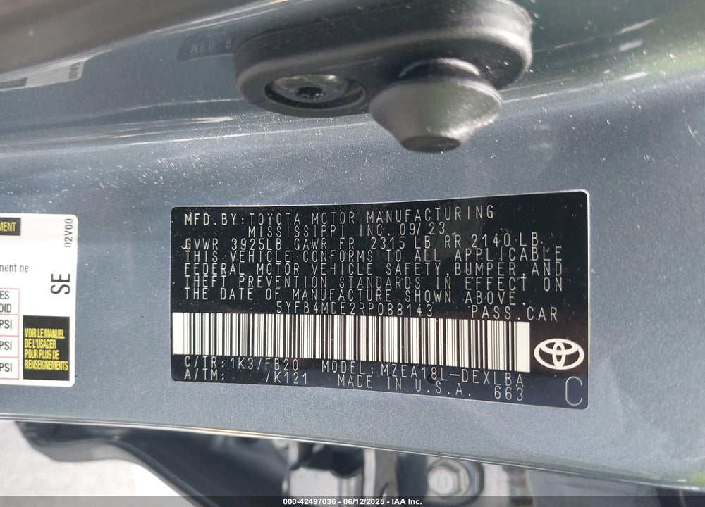 2024 TOYOTA COROLLA VIN: 5YFB4MDE2RP088143