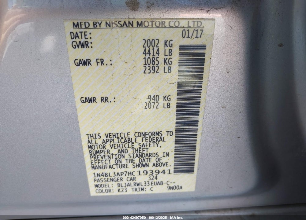 2017 NISSAN ALTIMA VIN: 1N4BL3AP7HC193941