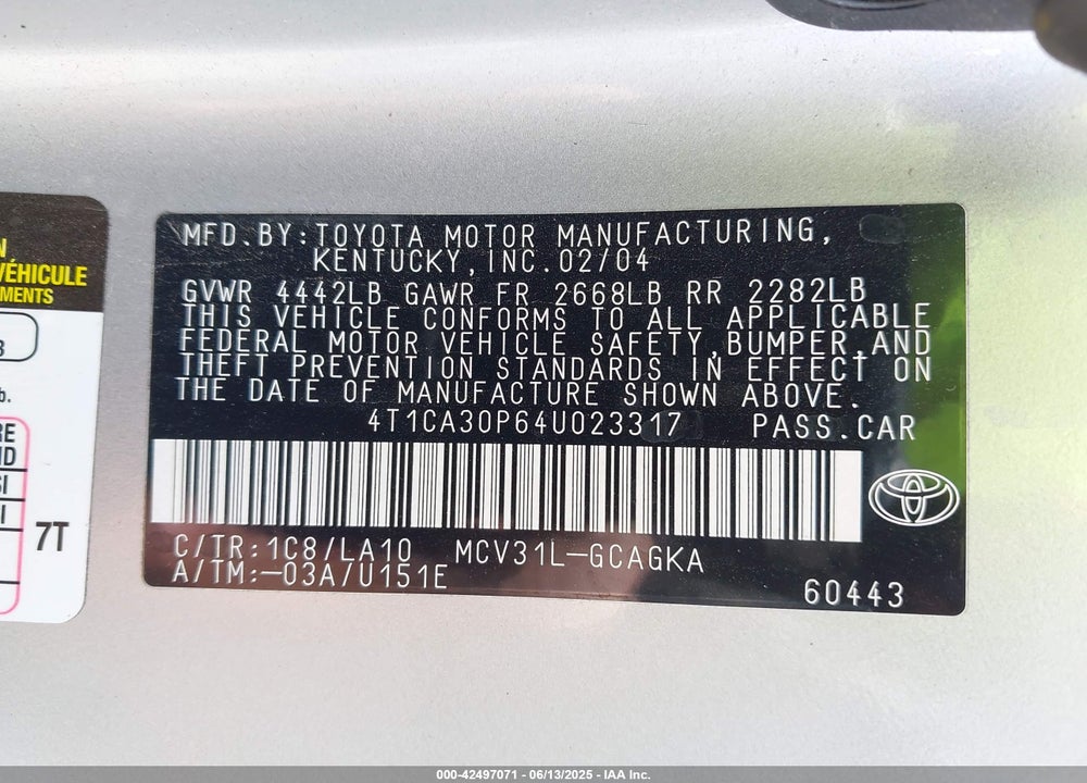 2004 TOYOTA CAMRY SOLARA SLE V6 VIN: 4T1CA30P64U023317