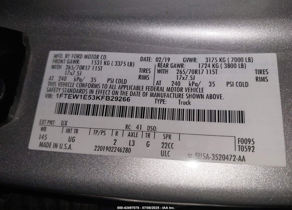 2019 FORD F-150 VIN: 1FTEW1E53KFB29266