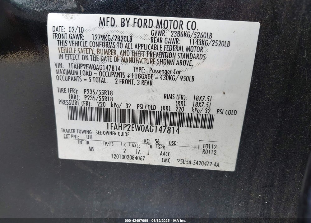 2010 FORD TAURUS SEL VIN: 1FAHP2EW0AG147814