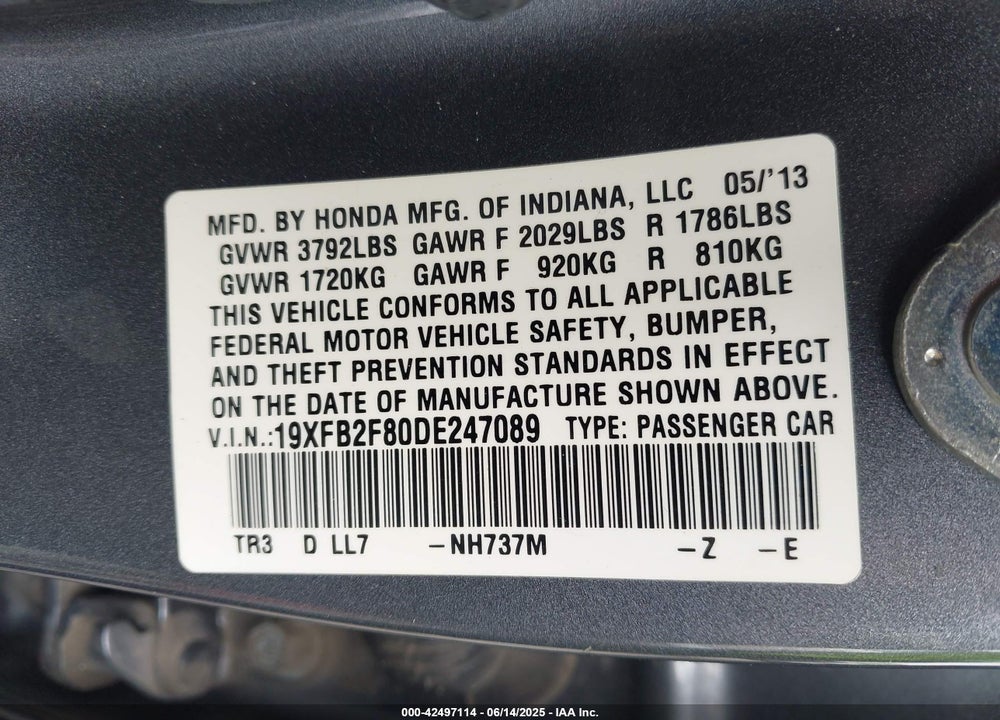 2013 HONDA CIVIC VIN: 19XFB2F80DE247089